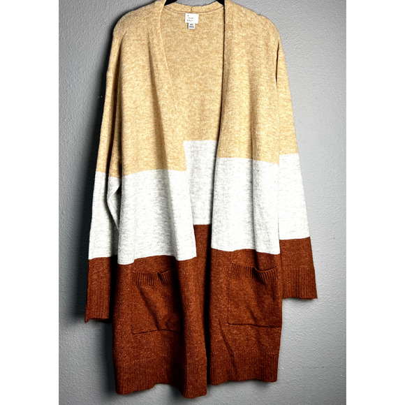 A New Day 2X Beige Brown Rust Colorblock Ribbed Knit Open Front Cardigan Sweater - Picture 1 of 10